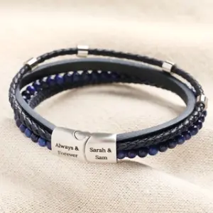 Men's Personalised Blue Stainless Steel Lapis Lazuli Leather Bracelet