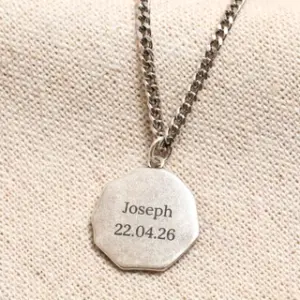 Men's Personalised Stainless Steel Hexagon Pendant Necklace in Silver