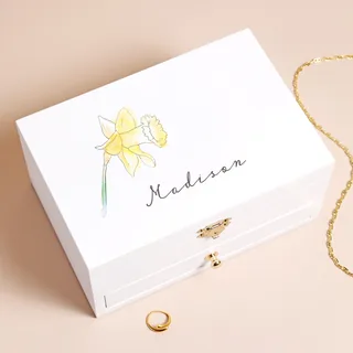 Personalised Birth Flower White Embroidered Interior Jewellery Box