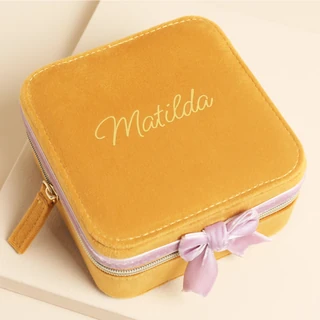 Personalised Mustard and Pink Velvet Bow Square Travel Jewellery Case