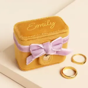 Personalised Mustard and Pink Velvet Bow Travel Ring Box