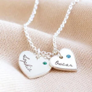 Personalised Sterling Silver Double Heart Charm Necklace with Swarovski Crystal