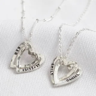 Personalised Sterling Silver Hammered Interlocking Hearts Necklace