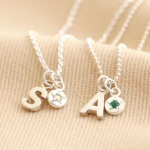 Personalised Sterling Silver Initial and Birthstone Charm Necklace