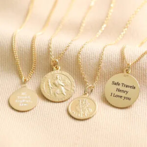 Personalised Sterling Silver St Christopher Disc Pendant Necklace in Gold