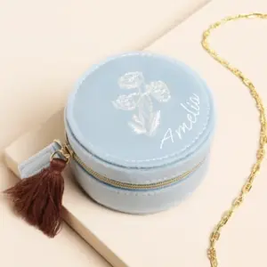 Personalised Wildflower Mini Round Travel Jewellery Case in Blue