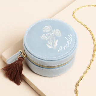 Personalised Wildflower Mini Round Travel Jewellery Case in Blue